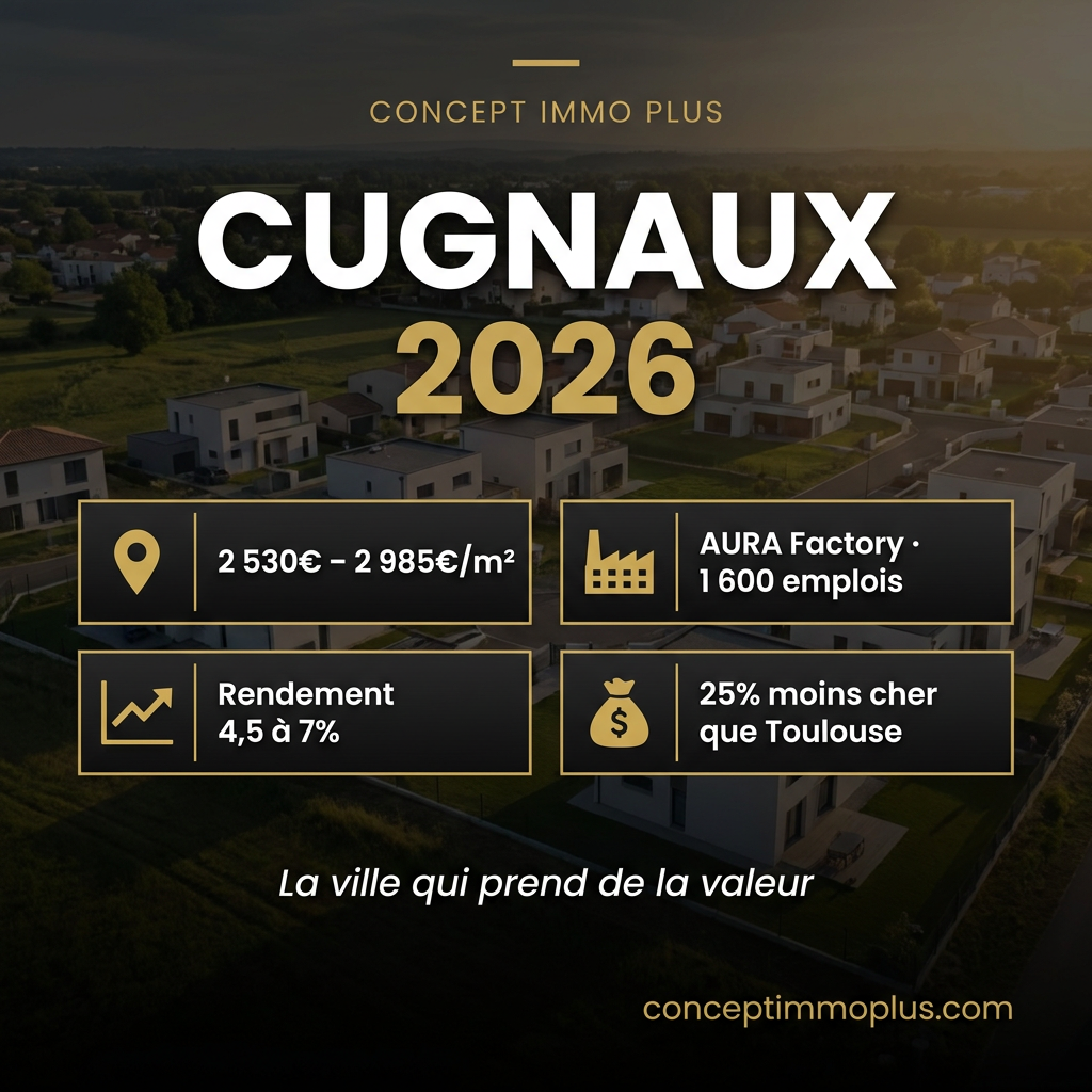 Immobilier Cugnaux 31270 en 2026 - Vue aérienne de la commune avec quartiers résidentiels et projet AURA Factory à Francazal - Concept Immo Plus