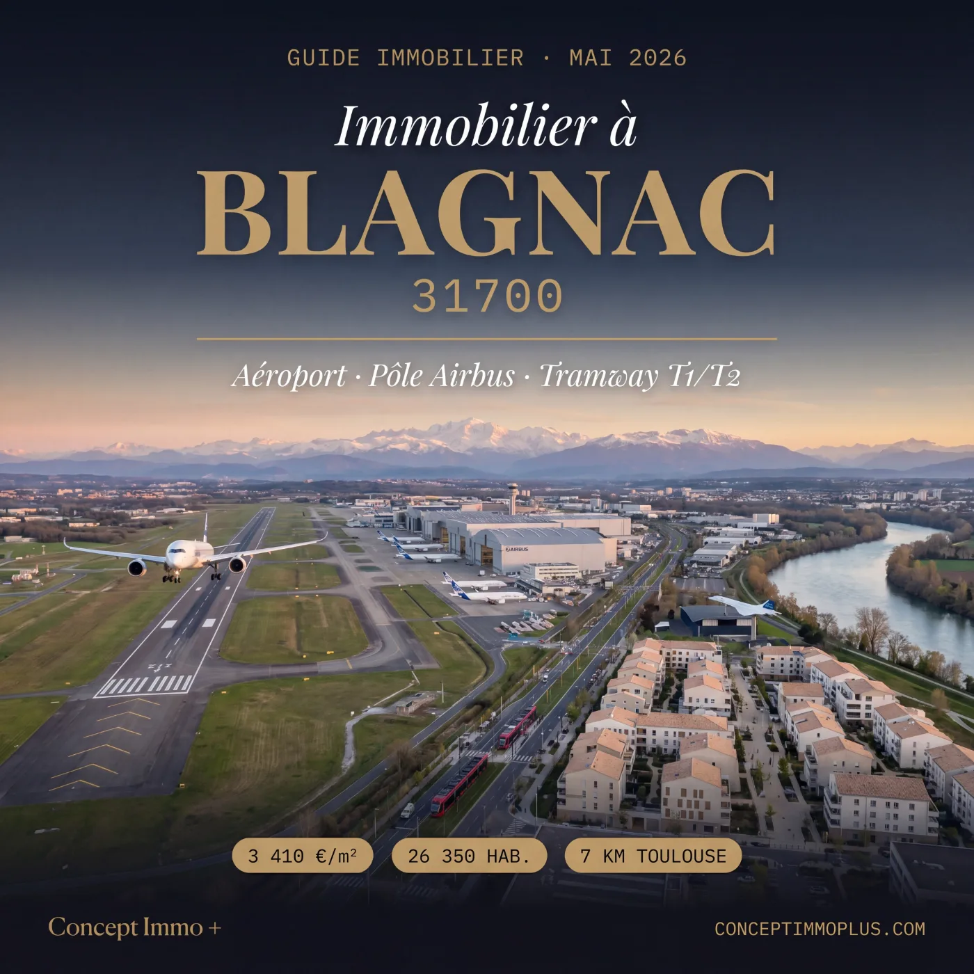 Immobilier Blagnac 31700 en 2026 - Aéroport Toulouse-Blagnac, Pôle Airbus, Tramway T1/T2 - Concept Immo +
